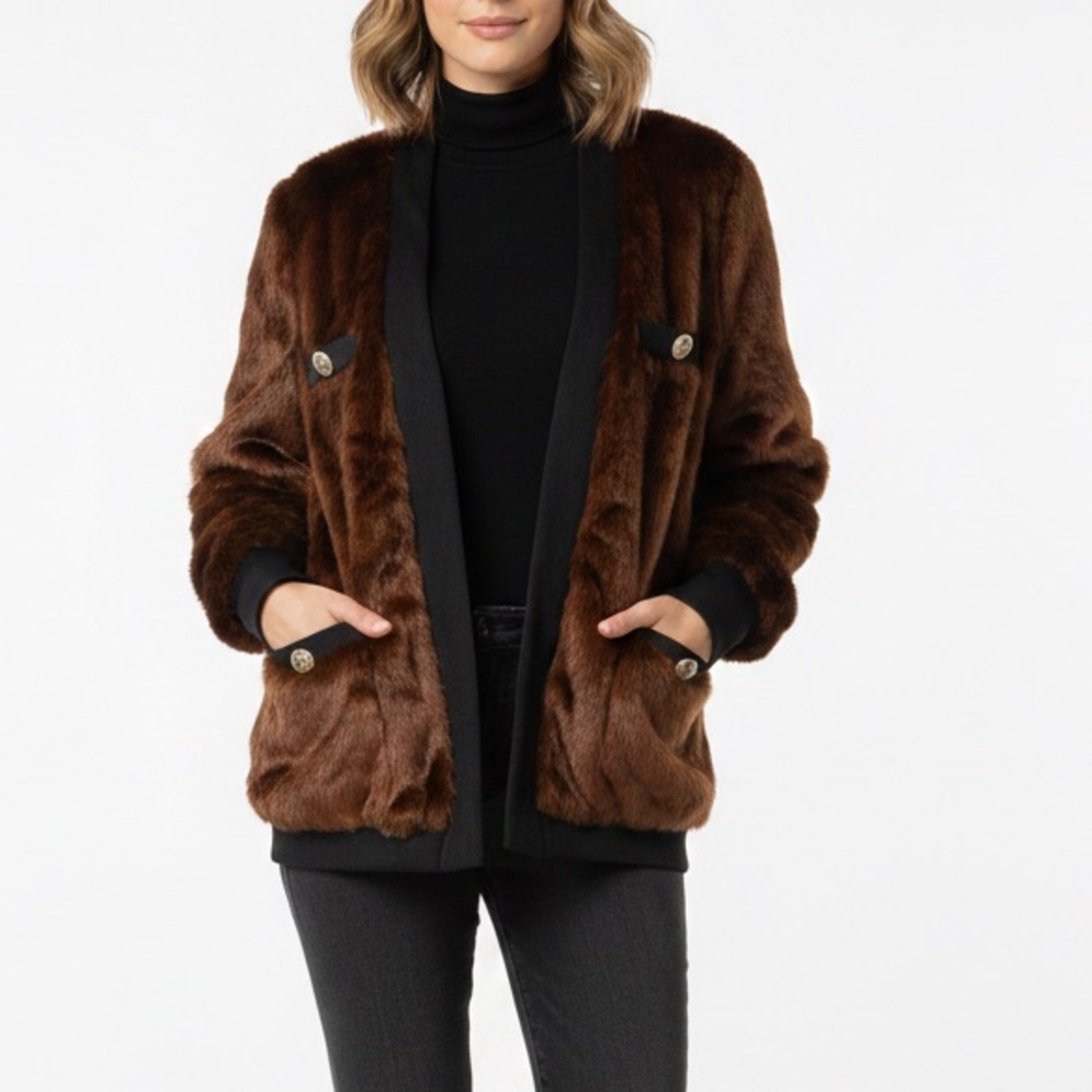 New Jules Kae Faux Fur Teddy Cardigan Jacket Bronze Brown Sz S